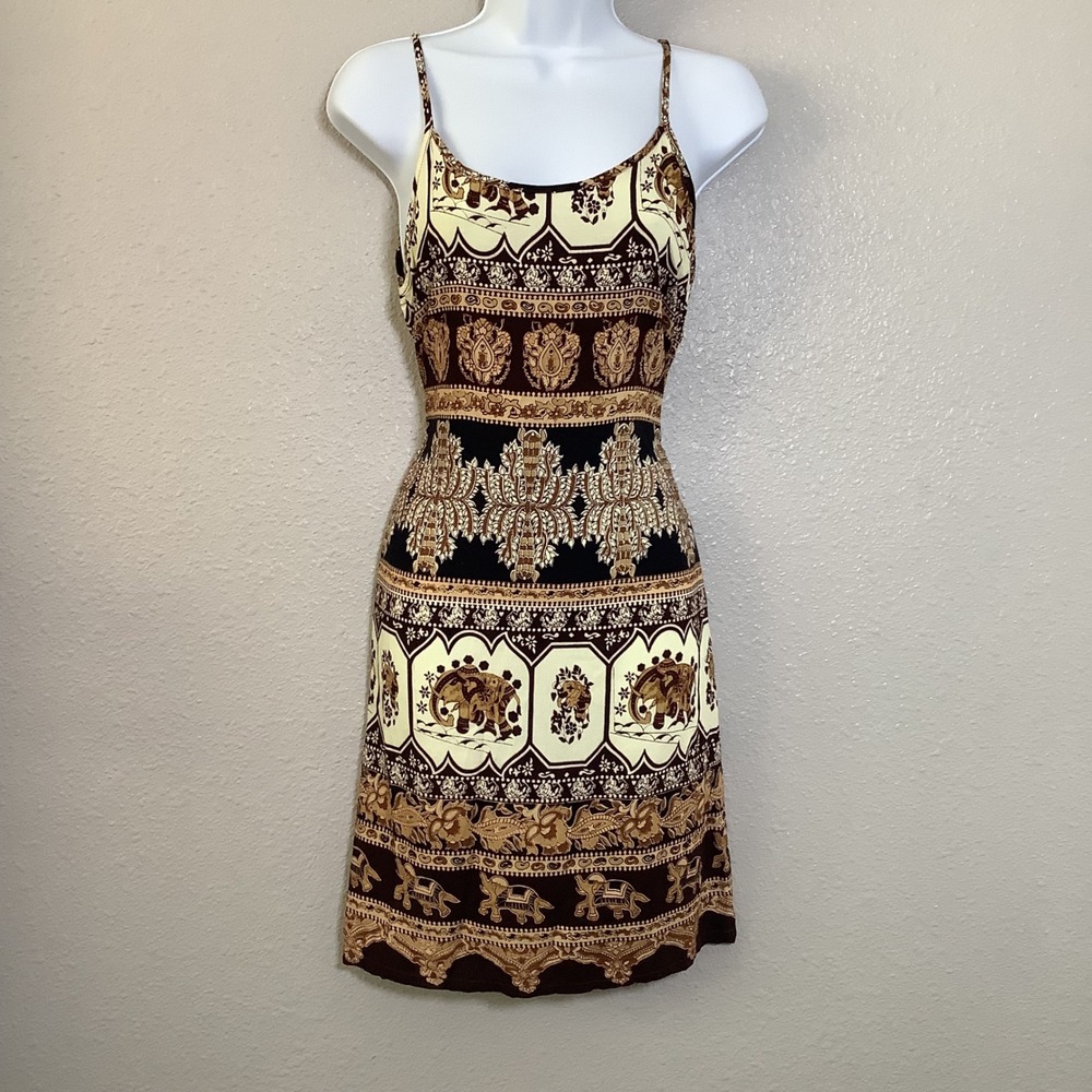 Earthy Elephant Artsy Bohemian Boho Chic Lightweight Casual Summer Slip Dress M